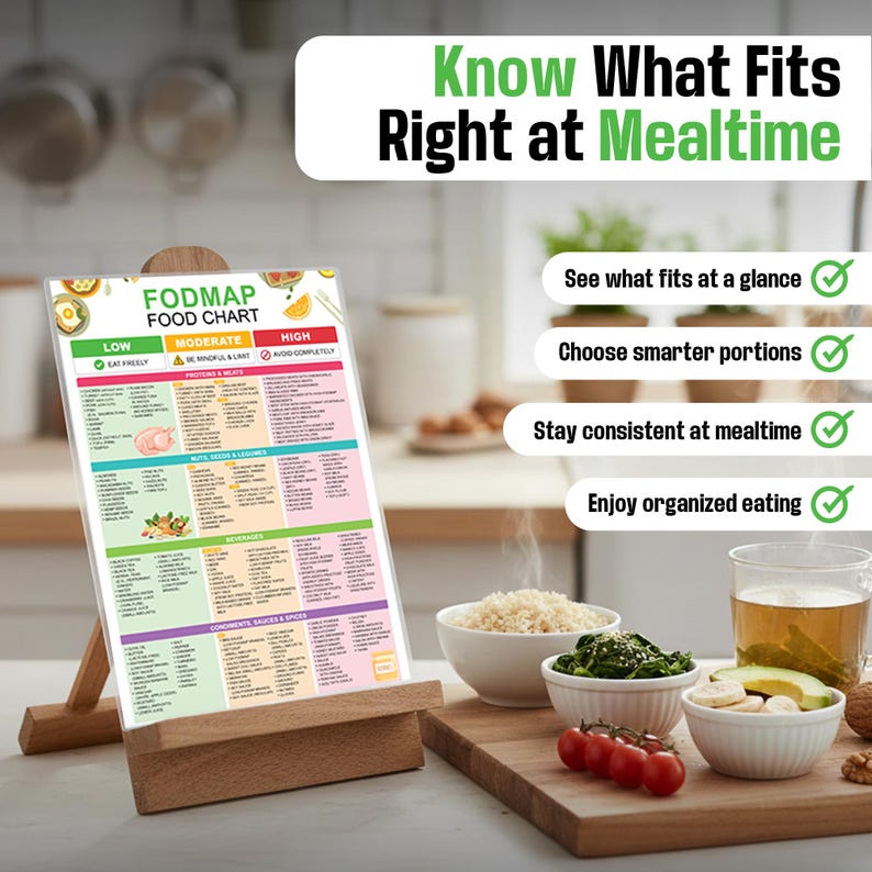 May include: A FODMAP food chart displayed on a wooden easel, with the text "Know What Fits Right at Mealtime." The chart is divided into Low, Moderate, and High sections, with food categories listed. Bowls of food and a glass of tea are in the foreground.