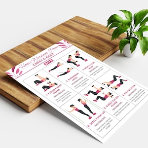 May include: A white workout plan titled "Home Workout Plan Chest & Back Day 6" with illustrated exercise instructions. The plan is on a wooden cutting board with a potted plant.