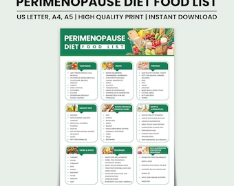 Lista de alimentos para la perimenopausia, tabla imprimible de alimentos para equilibrar las hormonas (PDF), guía de apoyo natural para la menopausia