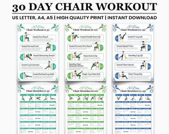 Piano di allenamento da sedia di 30 giorni in PDF / Programma di esercizi da seduti per anziani e principianti / Pacchetto fitness digitale stampabile + interattivo / Stampa