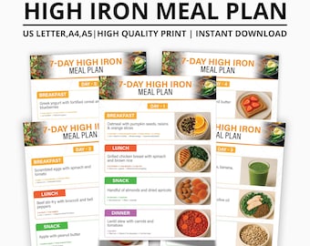 May include: A printable 7-Day High Iron Meal Plan with daily meal suggestions. The plan includes breakfast, lunch, snack, and dinner ideas. The text on the plan includes "US LETTER, A4, A5 | HIGH QUALITY PRINT | INSTANT DOWNLOAD".
