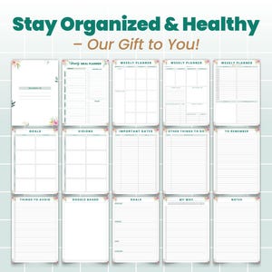 May include: A printable planner with floral accents and sections for weekly meal planning, goals, visions, important dates, things to avoid, doodle board, and more.