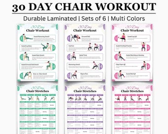 May include: A set of six laminated exercise charts for a 30-day chair workout. Each chart features illustrations of exercises with instructions. The charts are in various colors, including green, purple, and pink.