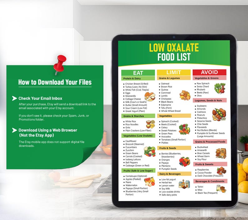 Pu&ograve; includere: Un tablet digitale mostra una "Lista di alimenti a basso contenuto di ossalati" con categorie come "Mangiare", "Limitare" e "Evitare". L'elenco include gruppi di alimenti come proteine, cereali, verdure e frutta. A sinistra c'&egrave; una scheda di istruzioni verde con una puntina rossa.