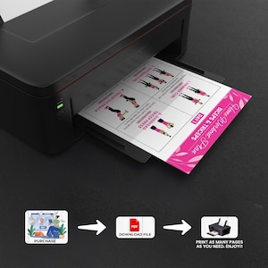 Puede incluir: Una impresora negra imprimiendo una hoja de "Home Workout Plan" con detalles florales rosas. La hoja muestra diagramas de ejercicios para b&iacute;ceps y tr&iacute;ceps. La imagen tambi&eacute;n muestra iconos para comprar, descargar e imprimir.