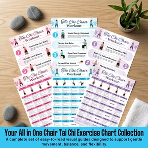 May include: A collection of Tai Chi Chair Workout exercise charts. The charts feature illustrations of exercises, with text in a purple and blue color scheme. The text at the bottom reads: "Your All in One Chair Tai Chi Exercise Chart Collection."