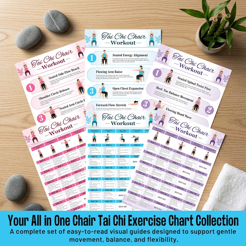 May include: A collection of Tai Chi Chair Workout exercise charts. The charts feature illustrations of exercises, with text in a purple and blue color scheme. The text at the bottom reads: "Your All in One Chair Tai Chi Exercise Chart Collection."