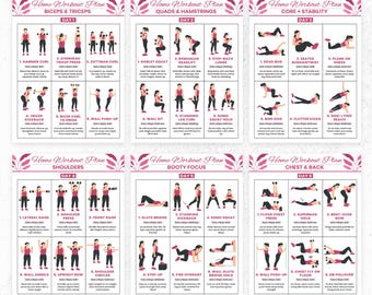 女性のための自宅トレーニングプラン：強い体を作るためのトレーニング、ラミネート加工されたエクササイズチャート6枚、ダンベルを使ったトレーニングルーティン、全身フィットネスポスターセット