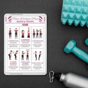 May include: A digital tablet displaying a "Home Workout Plan" for biceps and triceps exercises. The plan includes illustrations and instructions for hammer curls, overhead tricep presses, and more. Turquoise dumbbells, a water bottle, and a textured mat are also visible.