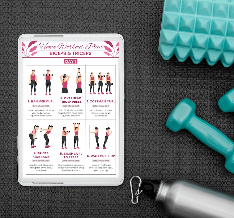 May include: A digital tablet displaying a "Home Workout Plan" for biceps and triceps exercises. The plan includes illustrations and instructions for hammer curls, overhead tricep presses, and more. Turquoise dumbbells, a water bottle, and a textured mat are also visible.