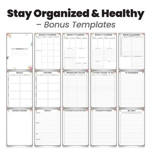 May include: A set of printable planner pages with floral accents. The pages include weekly planners, goal setting pages, and other organizational tools.
