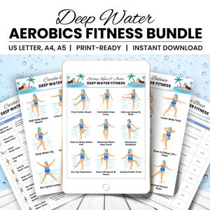 Pode incluir: Um pacote de download digital para exercícios aeróbicos em águas profundas. O pacote inclui guias de treino imprimíveis com ilustrações de vários exercícios. O título "Deep Water Aerobics Fitness Bundle" é exibido na parte superior da imagem.