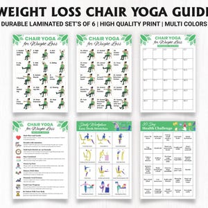 May include: A set of six laminated chair yoga guides for weight loss, featuring illustrations of various exercises. The guides include a 30-day health challenge and daily desk stretches. The text on the guides includes "Weight Loss Chair Yoga Guide".