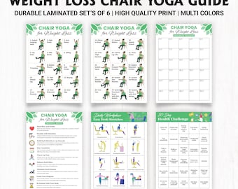 May include: A set of six laminated chair yoga guides for weight loss, featuring illustrations of various exercises. The guides include a 30-day health challenge and daily desk stretches. The text on the guides includes "Weight Loss Chair Yoga Guide".