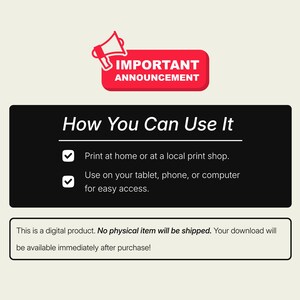 Puede incluir: Un anuncio de producto digital con una pancarta roja que dice "IMPORTANT ANNOUNCEMENT". La imagen explica c&oacute;mo usar el producto: imprimir en casa o usar en una tableta, tel&eacute;fono o computadora para facilitar el acceso.