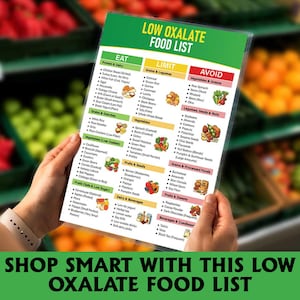 May include: A laminated "Low Oxalate Food List" is held up against a blurred background of fresh produce. The list is divided into Eat, Limit, and Avoid categories, with detailed food listings. The bottom of the image reads: "SHOP SMART WITH THIS LOW OXALATE FOOD LIST."