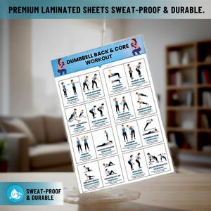May include: A laminated workout sheet with illustrations of dumbbell exercises for back and core workouts. The sheet includes exercises like reverse fly, single-arm row, and deadlift row. Text at the top reads "PREMIUM LAMINATED SHEETS SWEAT-PROOF & DURABLE."