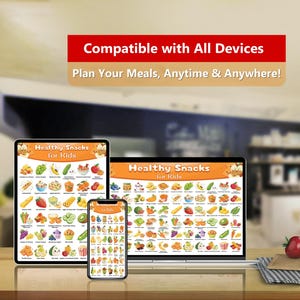 K&ouml;nnte beinhalten: Ein digitales Ger&auml;t, ein Tablet und ein Smartphone, auf denen eine farbenfrohe Tabelle mit dem Titel "Gesunde Snacks f&uuml;r Kinder" angezeigt wird. Die Tabelle zeigt eine Vielzahl von gesunden Snacks, darunter Obst, Gem&uuml;se und Milchprodukte.