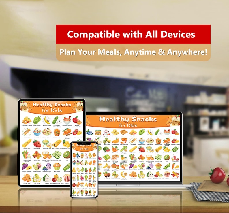 K&ouml;nnte beinhalten: Ein digitales Ger&auml;t, ein Tablet und ein Smartphone, auf denen eine farbenfrohe Tabelle mit dem Titel "Gesunde Snacks f&uuml;r Kinder" angezeigt wird. Die Tabelle zeigt eine Vielzahl von gesunden Snacks, darunter Obst, Gem&uuml;se und Milchprodukte.