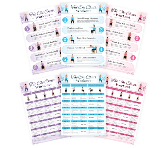 Printable Tai Chi Chair Workouts | Tai Chi Chair Exercise Chart & Workout Plan PDF | Chair Yoga Style Exercises | Instant Download