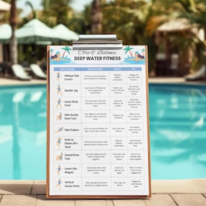 以下が含まれることがあります： 木製のクリップボードには、「Core & Balance Deep Water Fitness」ガイドが表示されています。ガイドには、説明、焦点、ヒントが記載されたイラスト入りのエクササイズが掲載されています。背景にはプールがあります。