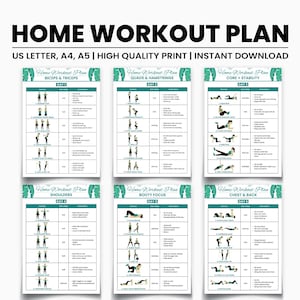 May include: Six printable home workout plans are displayed, detailing exercises for various muscle groups. The plans cover biceps, triceps, quads, hamstrings, core, shoulders, booty, chest, and back. The text reads "HOME WORKOUT PLAN" and "US LETTER, A4, A5 | HIGH QUALITY PRINT | INSTANT DOWNLOAD".