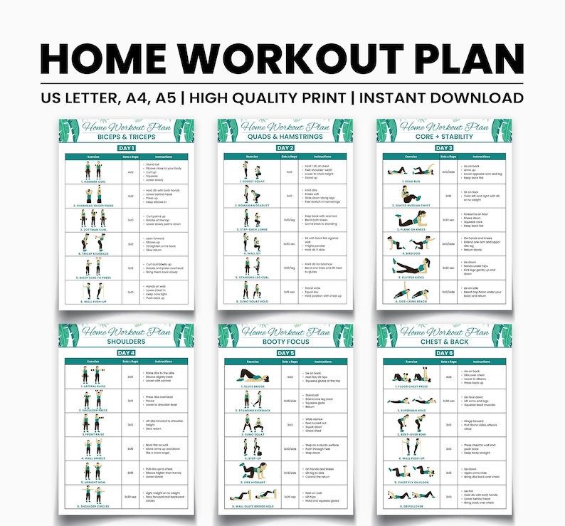 Peut inclure: Six plans d'entra&icirc;nement &agrave; domicile imprimables, d&eacute;taillant des exercices pour diff&eacute;rents groupes musculaires. Les plans comprennent des exercices pour les biceps, les triceps, les quadriceps, les ischio-jambiers, le tronc, les &eacute;paules, les fessiers, la poitrine et le dos. Le texte indique "HOME WORKOUT PLAN" et "US LETTER, A4, A5 | HIGH QUALITY PRINT | INSTANT DOWNLOAD".