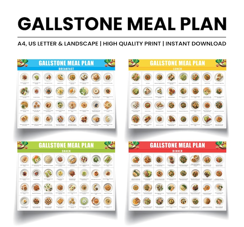 May include: A printable meal plan for people with gallstones. The plan includes breakfast, lunch, dinner, and snack options. Each meal option is represented by a photo of a plate with food on it.