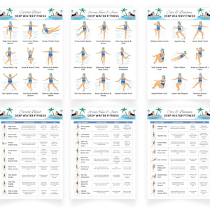 Puede incluir: Seis carteles de fitness con ilustraciones de ejercicios en aguas profundas. Cada cartel presenta un tema de entrenamiento diferente, como Cardio Blast y Core & Balance. Los carteles muestran varios ejercicios con descripciones, para fitness acuático.