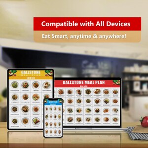 May include: Three digital devices displaying a gallstone meal plan. The devices are a tablet, a smartphone, and a laptop. The meal plan is divided into three categories: lunch, dinner, and breakfast. Each category has a grid of images of different food items.