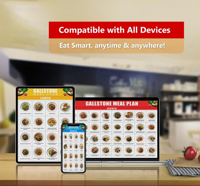 May include: Three digital devices displaying a gallstone meal plan. The devices are a tablet, a smartphone, and a laptop. The meal plan is divided into three categories: lunch, dinner, and breakfast. Each category has a grid of images of different food items.