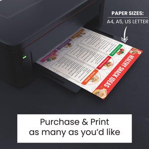 May include: A printer printing a sheet of paper with a list of healthy snack ideas. The paper is labeled "Healthy Snack Ideas" and includes categories like "Protein Packed", "Whole Grains", and "Sweet Treats". The paper sizes available are A4, A5, and US Letter.