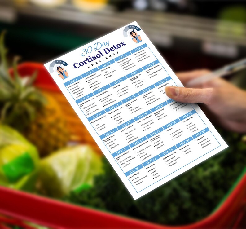 Puede incluir: Una hoja impresa en blanco titulada "30 Day Cortisol Detox Challenge" se sostiene en una mano. La hoja tiene un borde azul y enumera planes de comidas diarios. El fondo muestra productos frescos en un carrito de compras.
