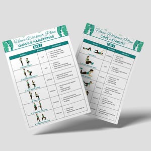 Peut inclure: Deux feuilles blanches de plan d'entra&icirc;nement avec des accents verts. Les feuilles sont intitul&eacute;es "Home Workout Plan" et &eacute;num&egrave;rent des exercices pour les quadriceps, les ischio-jambiers, le tronc et la stabilit&eacute;. Chaque feuille comprend des sch&eacute;mas d'exercices et des instructions.