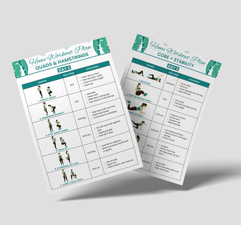 Peut inclure: Deux feuilles blanches de plan d'entra&icirc;nement avec des accents verts. Les feuilles sont intitul&eacute;es "Home Workout Plan" et &eacute;num&egrave;rent des exercices pour les quadriceps, les ischio-jambiers, le tronc et la stabilit&eacute;. Chaque feuille comprend des sch&eacute;mas d'exercices et des instructions.