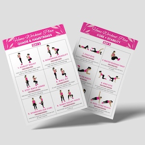 Puede incluir: Dos hojas de plan de entrenamiento con detalles florales rosas. La hoja izquierda se titula "Home Workout Plan QUADS & HAMSTRINGS DAY 2" y la hoja derecha se titula "Home Workout Plan CORE + STABILITY DAY 3". Cada hoja muestra ilustraciones de ejercicios.
