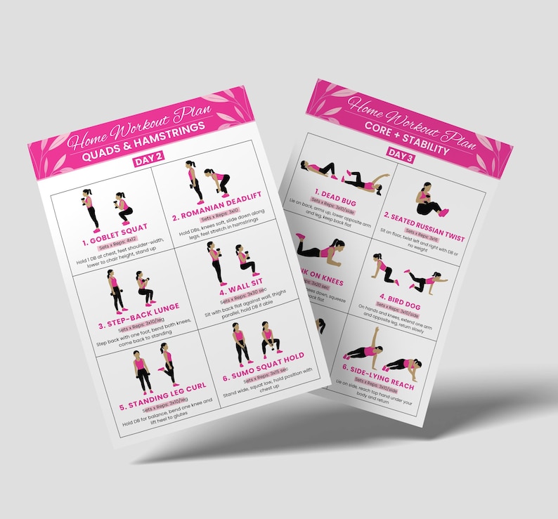 Puede incluir: Dos hojas de plan de entrenamiento con detalles florales rosas. La hoja izquierda se titula "Home Workout Plan QUADS & HAMSTRINGS DAY 2" y la hoja derecha se titula "Home Workout Plan CORE + STABILITY DAY 3". Cada hoja muestra ilustraciones de ejercicios.