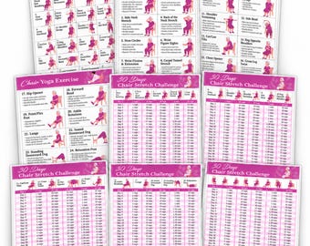 Chair Yoga Chart for Seniors, Women, 9 Laminated Exercise Posters, 30 Day Routine, Marker & 50 Adhesive Dots