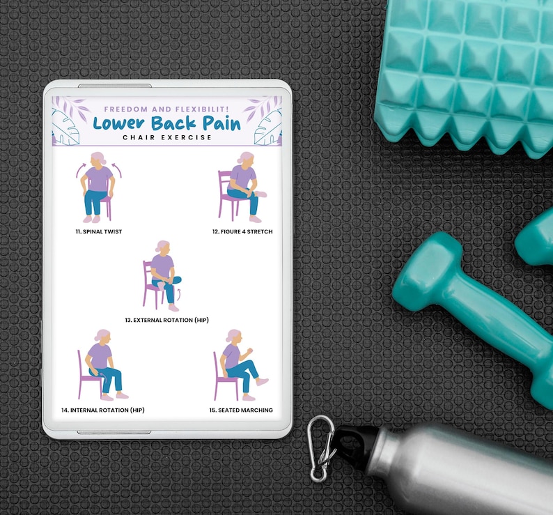 Peut inclure: Une tablette blanche affiche un guide d'exercices "Lower Back Pain Chair Exercise" avec des illustrations. La tablette est &agrave; c&ocirc;t&eacute; d'un tapis d'exercice turquoise, de deux halt&egrave;res turquoise et d'une gourde argent&eacute;e.