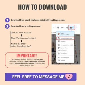Puede incluir: Una captura de pantalla de una computadora que muestra instrucciones sobre c&oacute;mo descargar archivos digitales de Etsy. Las instrucciones incluyen la descarga desde su correo electr&oacute;nico o cuenta de Etsy. La imagen tambi&eacute;n incluye una captura de pantalla del sitio web de Etsy que muestra la secci&oacute;n "Compras y rese&ntilde;as" de la cuenta.