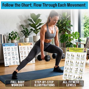 May include: A woman performs a dumbbell exercise, with workout charts in the background. The charts display step-by-step illustrations for full-body, glute & leg, and back & core workouts. Text on the charts reads "Follow the Chart, Flow Through Each Movement".