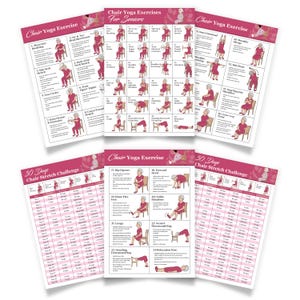 May include: A collection of printed exercise charts for chair yoga, featuring illustrations of poses and instructions. The charts are designed for seniors and include a 30-day stretch challenge. The color scheme is primarily pink and white.