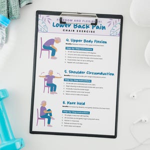 Peut inclure: Un presse-papiers noir avec un guide d'exercices imprim&eacute; pour les douleurs lombaires. Le guide comprend des illustrations et des instructions pour les exercices sur chaise, tels que la flexion du haut du corps, la circumduction des &eacute;paules et la tenue du genou.