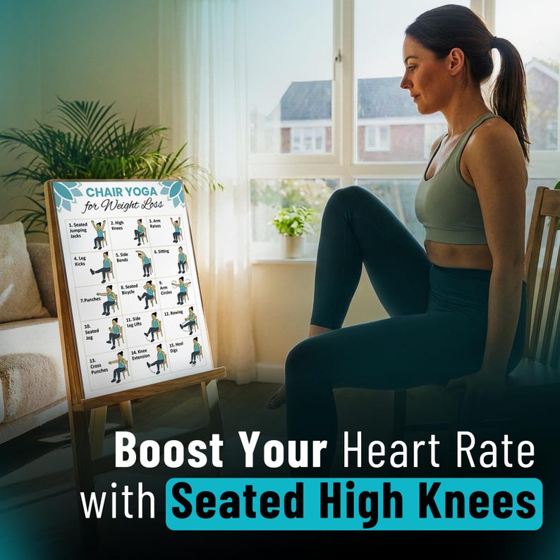 May include: A woman in activewear demonstrates a chair yoga pose. A wooden easel displays a "Chair Yoga for Weight Loss" chart with exercise illustrations. The image includes the text "Boost Your Heart Rate with Seated High Knees."