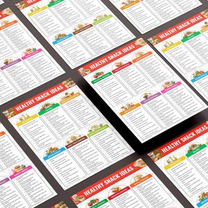May include: A set of printable healthy snack ideas lists. Each list is color-coded and features a different category of snacks, such as fruits & veggies, protein snacks, and whole grains. The lists are designed to help people find healthy and delicious snack options.
