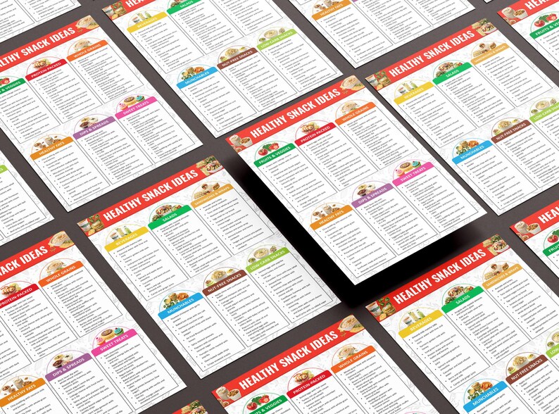 May include: A set of printable healthy snack ideas lists. Each list is color-coded and features a different category of snacks, such as fruits & veggies, protein snacks, and whole grains. The lists are designed to help people find healthy and delicious snack options.
