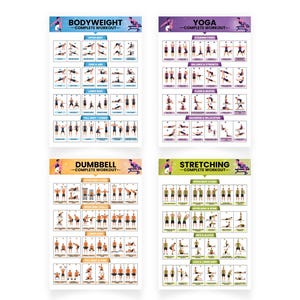 Paket med posters för hemmaträning – 4 set med träningsdiagram för hela kroppen – Kroppsvikt, yoga, hantel och stretching – Laminerad fitnessguide