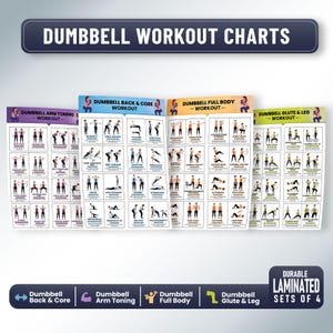 以下が含まれることがあります： 4つのラミネート加工されたダンベルワークアウトチャート。各チャートには、背中と体幹、腕の引き締め、全身、お尻と脚のワークアウトなど、さまざまな筋肉グループのエクササイズがイラストで表示されています。チャートには「DUMBBELL WORKOUT CHARTS」の文字が記載されています。