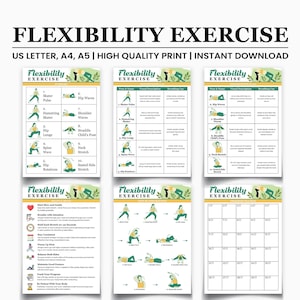 Könnte beinhalten: Ein Satz druckbarer Übungstabellen mit dem Titel "Flexibilitätsübung". Die Tabellen enthalten Illustrationen und Beschreibungen verschiedener Dehnübungen, wie z. B. Skater-Puls, Hüftwellen und Hamstring-Skater. Der Text enthält "US LETTER, A4, A5 | HIGH QUALITY PRINT | INSTANT DOWNLOAD".