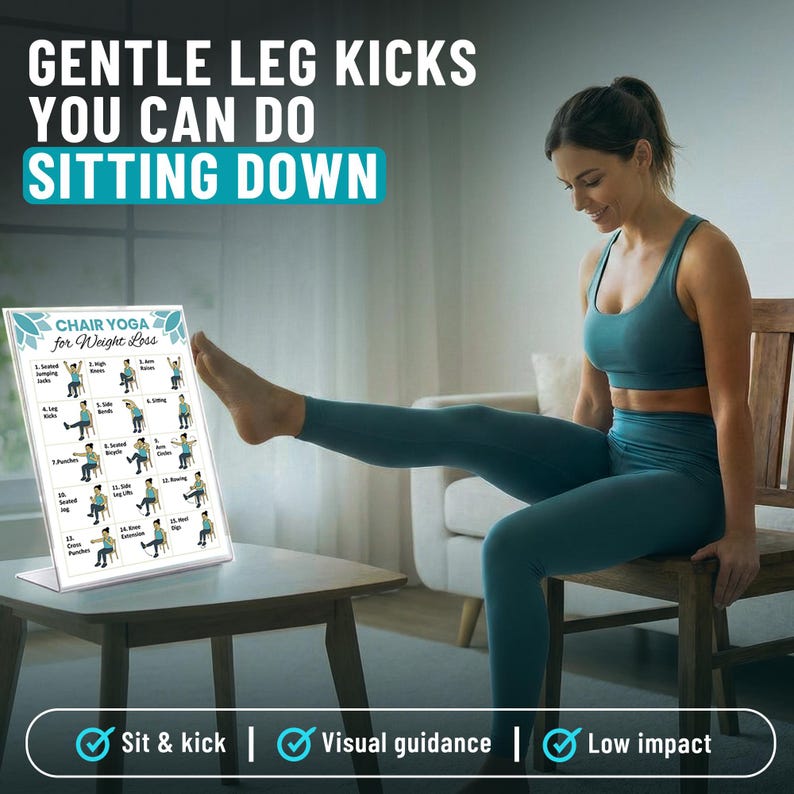 May include: A woman in teal activewear demonstrates a leg kick while seated. A white framed chart on a table displays chair yoga poses. The chart is titled "CHAIR YOGA for Weight Loss". The text "GENTLE LEG KICKS YOU CAN DO SITTING DOWN" is at the top.